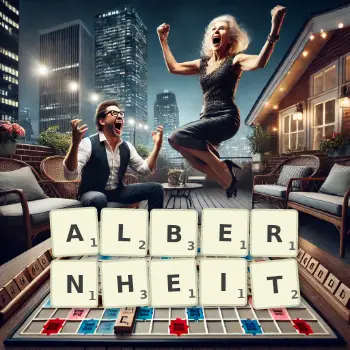 Kreative Illustration für ein Scrabble-Spiel, bei dem das Wort ALBERNHEIT mit Steinen auf dem Brett gelegt wurde.