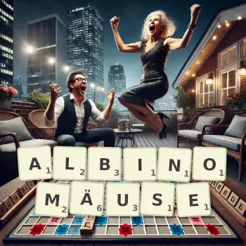 Kreative Illustration für ein Scrabble-Spiel, bei dem das Wort ALBINOMÄUSE mit Steinen auf dem Brett gelegt wurde.