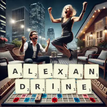 Kreative Illustration für ein Scrabble-Spiel, bei dem das Wort ALEXANDRINE mit Steinen auf dem Brett gelegt wurde.
