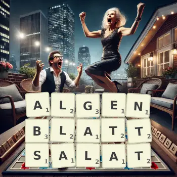 Kreative Illustration für ein Scrabble-Spiel, bei dem das Wort ALGENBLATTSALAT mit Steinen auf dem Brett gelegt wurde.