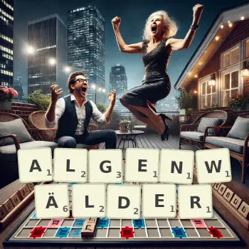 Kreative Illustration für ein Scrabble-Spiel, bei dem das Wort ALGENWÄLDER mit Steinen auf dem Brett gelegt wurde.