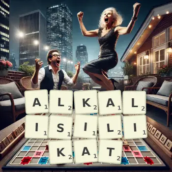 Kreative Illustration für ein Scrabble-Spiel, bei dem das Wort ALKALISILIKAT mit Steinen auf dem Brett gelegt wurde.