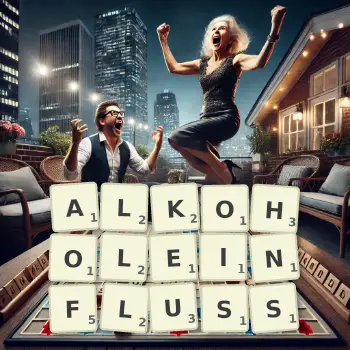 Kreative Illustration für ein Scrabble-Spiel, bei dem das Wort ALKOHOLEINFLUSS mit Steinen auf dem Brett gelegt wurde.