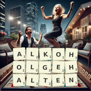 Kreative Illustration für ein Scrabble-Spiel, bei dem das Wort ALKOHOLGEHALTEN mit Steinen auf dem Brett gelegt wurde.