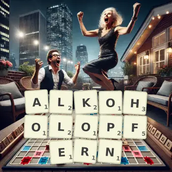 Kreative Illustration für ein Scrabble-Spiel, bei dem das Wort ALKOHOLOPFERN mit Steinen auf dem Brett gelegt wurde.