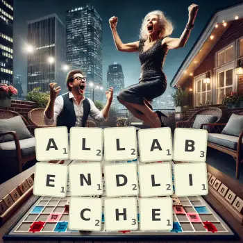Kreative Illustration für ein Scrabble-Spiel, bei dem das Wort ALLABENDLICHE mit Steinen auf dem Brett gelegt wurde.