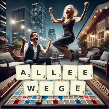 Kreative Illustration für ein Scrabble-Spiel, bei dem das Wort ALLEEWEGE mit Steinen auf dem Brett gelegt wurde.