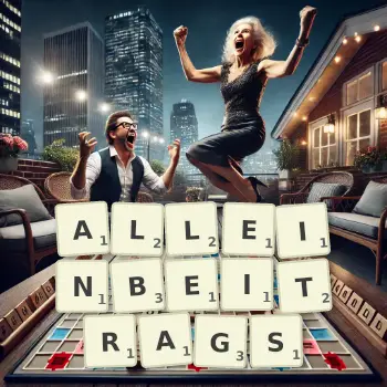 Kreative Illustration für ein Scrabble-Spiel, bei dem das Wort ALLEINBEITRAGS mit Steinen auf dem Brett gelegt wurde.