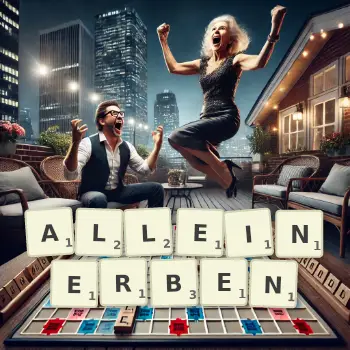 Kreative Illustration für ein Scrabble-Spiel, bei dem das Wort ALLEINERBEN mit Steinen auf dem Brett gelegt wurde.