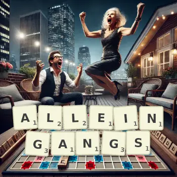 Kreative Illustration für ein Scrabble-Spiel, bei dem das Wort ALLEINGANGS mit Steinen auf dem Brett gelegt wurde.