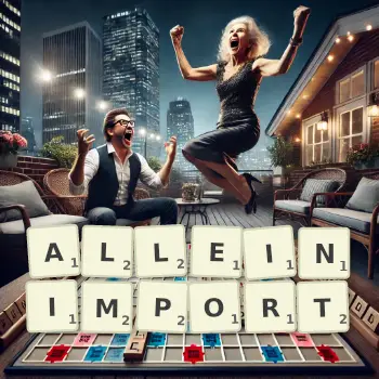 Kreative Illustration für ein Scrabble-Spiel, bei dem das Wort ALLEINIMPORT mit Steinen auf dem Brett gelegt wurde.