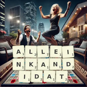 Kreative Illustration für ein Scrabble-Spiel, bei dem das Wort ALLEINKANDIDAT mit Steinen auf dem Brett gelegt wurde.