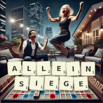 Kreative Illustration für ein Scrabble-Spiel, bei dem das Wort ALLEINSIEGE mit Steinen auf dem Brett gelegt wurde.