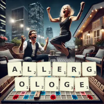 Kreative Illustration für ein Scrabble-Spiel, bei dem das Wort ALLERGOLOGE mit Steinen auf dem Brett gelegt wurde.