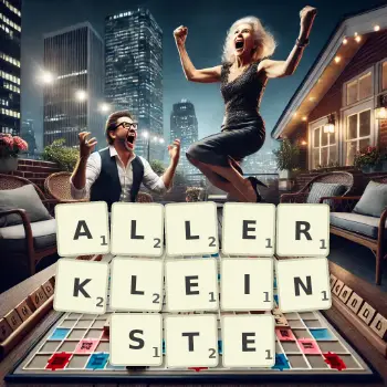 Kreative Illustration für ein Scrabble-Spiel, bei dem das Wort ALLERKLEINSTE mit Steinen auf dem Brett gelegt wurde.