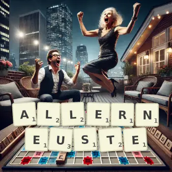Kreative Illustration für ein Scrabble-Spiel, bei dem das Wort ALLERNEUSTE mit Steinen auf dem Brett gelegt wurde.