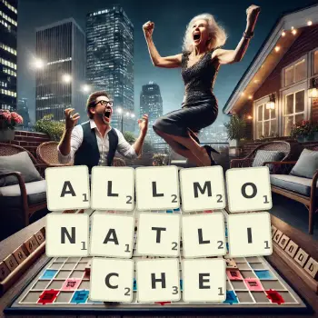 Kreative Illustration für ein Scrabble-Spiel, bei dem das Wort ALLMONATLICHE mit Steinen auf dem Brett gelegt wurde.