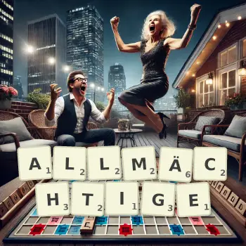 Kreative Illustration für ein Scrabble-Spiel, bei dem das Wort ALLMÄCHTIGE mit Steinen auf dem Brett gelegt wurde.