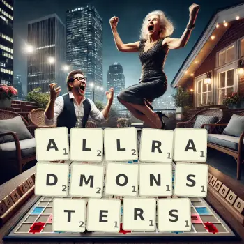 Kreative Illustration für ein Scrabble-Spiel, bei dem das Wort ALLRADMONSTERS mit Steinen auf dem Brett gelegt wurde.