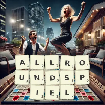 Kreative Illustration für ein Scrabble-Spiel, bei dem das Wort ALLROUNDSPIEL mit Steinen auf dem Brett gelegt wurde.
