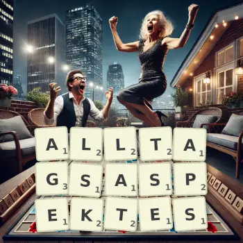 Kreative Illustration für ein Scrabble-Spiel, bei dem das Wort ALLTAGSASPEKTES mit Steinen auf dem Brett gelegt wurde.