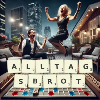 Kreative Illustration für ein Scrabble-Spiel, bei dem das Wort ALLTAGSBROT mit Steinen auf dem Brett gelegt wurde.