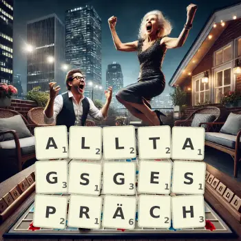 Kreative Illustration für ein Scrabble-Spiel, bei dem das Wort ALLTAGSGESPRÄCH mit Steinen auf dem Brett gelegt wurde.
