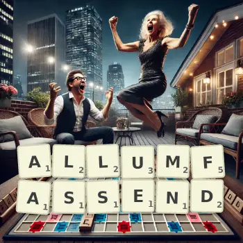 Kreative Illustration für ein Scrabble-Spiel, bei dem das Wort ALLUMFASSEND mit Steinen auf dem Brett gelegt wurde.