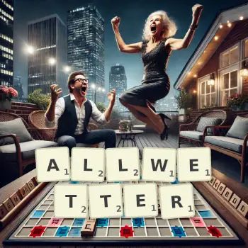 Kreative Illustration für ein Scrabble-Spiel, bei dem das Wort ALLWETTER mit Steinen auf dem Brett gelegt wurde.