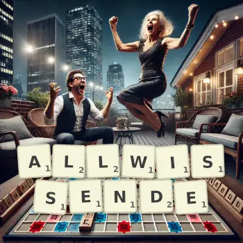 Kreative Illustration für ein Scrabble-Spiel, bei dem das Wort ALLWISSENDE mit Steinen auf dem Brett gelegt wurde.