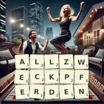 Kreative Illustration für ein Scrabble-Spiel, bei dem das Wort ALLZWECKPFERDEN mit Steinen auf dem Brett gelegt wurde.
