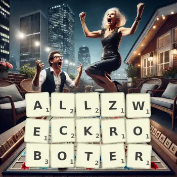 Kreative Illustration für ein Scrabble-Spiel, bei dem das Wort ALLZWECKROBOTER mit Steinen auf dem Brett gelegt wurde.