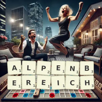 Kreative Illustration für ein Scrabble-Spiel, bei dem das Wort ALPENBEREICH mit Steinen auf dem Brett gelegt wurde.