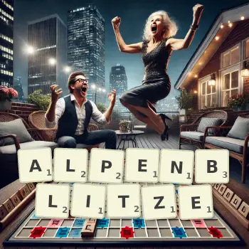Kreative Illustration für ein Scrabble-Spiel, bei dem das Wort ALPENBLITZE mit Steinen auf dem Brett gelegt wurde.