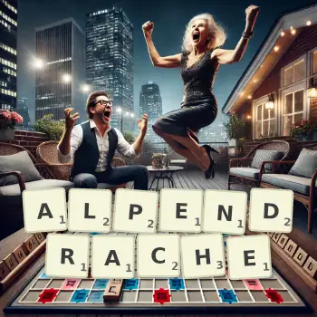 Kreative Illustration für ein Scrabble-Spiel, bei dem das Wort ALPENDRACHE mit Steinen auf dem Brett gelegt wurde.