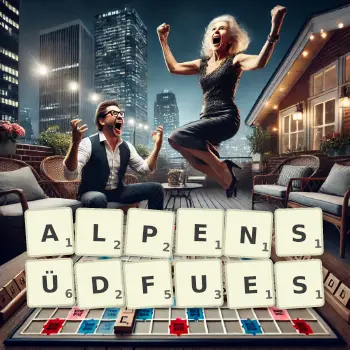 Kreative Illustration für ein Scrabble-Spiel, bei dem das Wort ALPENSÜDFUES mit Steinen auf dem Brett gelegt wurde.