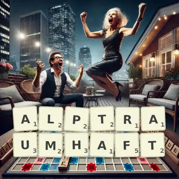 Kreative Illustration für ein Scrabble-Spiel, bei dem das Wort ALPTRAUMHAFT mit Steinen auf dem Brett gelegt wurde.