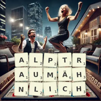 Kreative Illustration für ein Scrabble-Spiel, bei dem das Wort ALPTRAUMÄHNLICH mit Steinen auf dem Brett gelegt wurde.