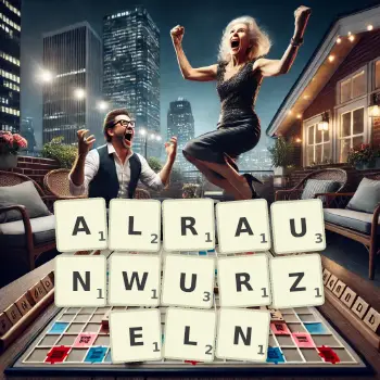 Kreative Illustration für ein Scrabble-Spiel, bei dem das Wort ALRAUNWURZELN mit Steinen auf dem Brett gelegt wurde.