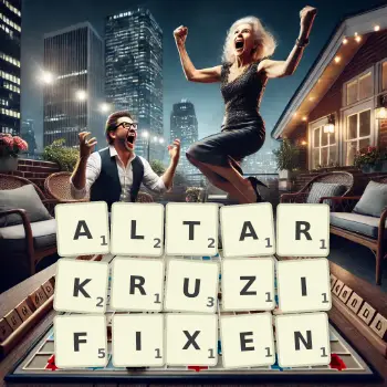 Kreative Illustration für ein Scrabble-Spiel, bei dem das Wort ALTARKRUZIFIXEN mit Steinen auf dem Brett gelegt wurde.