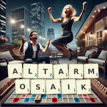 Kreative Illustration für ein Scrabble-Spiel, bei dem das Wort ALTARMOSAIK mit Steinen auf dem Brett gelegt wurde.