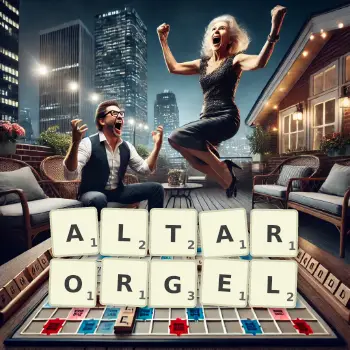 Kreative Illustration für ein Scrabble-Spiel, bei dem das Wort ALTARORGEL mit Steinen auf dem Brett gelegt wurde.