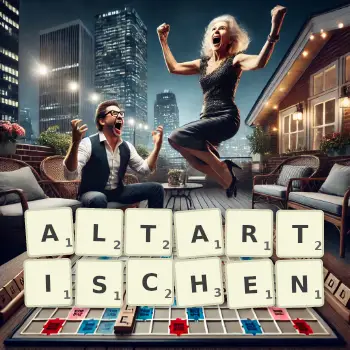 Kreative Illustration für ein Scrabble-Spiel, bei dem das Wort ALTARTISCHEN mit Steinen auf dem Brett gelegt wurde.