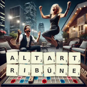Kreative Illustration für ein Scrabble-Spiel, bei dem das Wort ALTARTRIBÜNE mit Steinen auf dem Brett gelegt wurde.