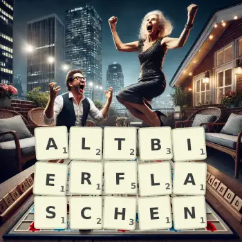 Kreative Illustration für ein Scrabble-Spiel, bei dem das Wort ALTBIERFLASCHEN mit Steinen auf dem Brett gelegt wurde.