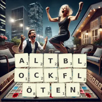 Kreative Illustration für ein Scrabble-Spiel, bei dem das Wort ALTBLOCKFLÖTEN mit Steinen auf dem Brett gelegt wurde.