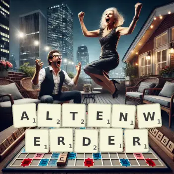 Kreative Illustration für ein Scrabble-Spiel, bei dem das Wort ALTENWERDER mit Steinen auf dem Brett gelegt wurde.