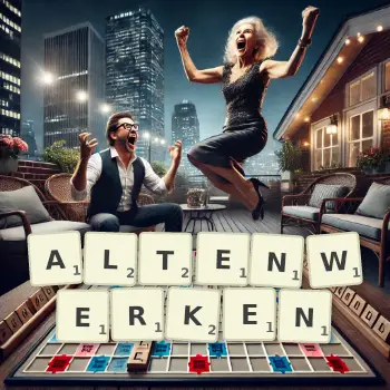 Kreative Illustration für ein Scrabble-Spiel, bei dem das Wort ALTENWERKEN mit Steinen auf dem Brett gelegt wurde.
