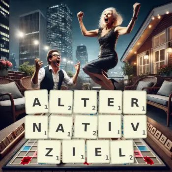 Kreative Illustration für ein Scrabble-Spiel, bei dem das Wort ALTERNATIVZIEL mit Steinen auf dem Brett gelegt wurde.