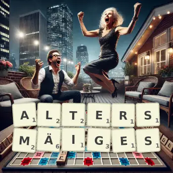 Kreative Illustration für ein Scrabble-Spiel, bei dem das Wort ALTERSMÄIGES mit Steinen auf dem Brett gelegt wurde.